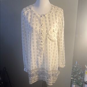 Knox Rose White with black/brown,  long sleeved Blouse with 1/2 button front .